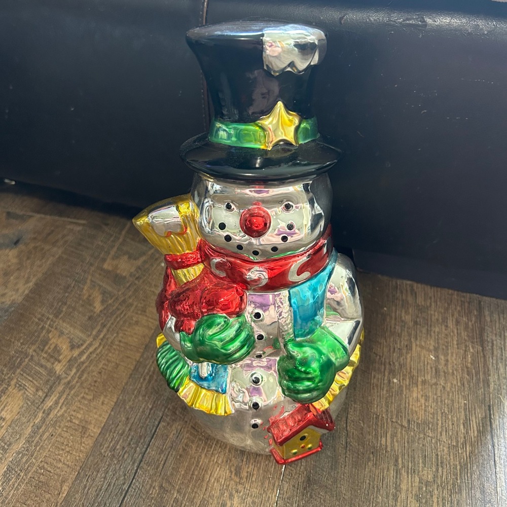 Bloom-Rite Vintage Metallic Ceramic Snowman Figurine Christmas Decor 11.5 Inch